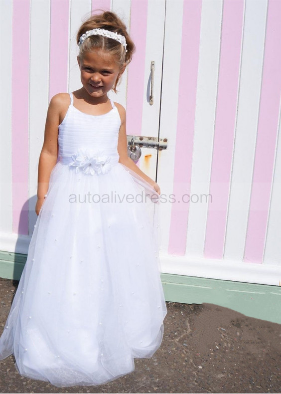 White Pleated Tulle Pearl Flower Girl Dress